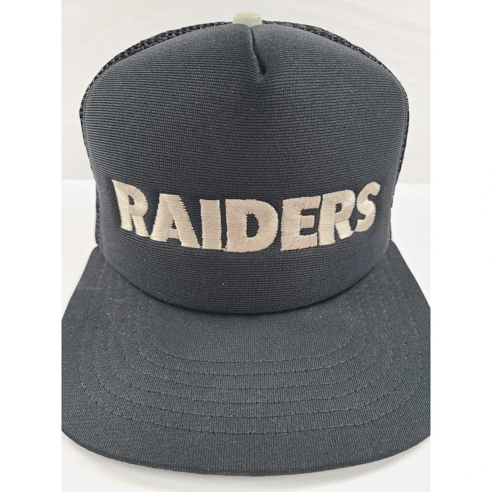 Vintage New Era LA Raiders Trucker Hat Snapback Black Silver Made in USA NFL